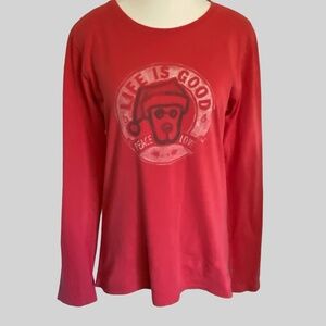 Life Is Good Red Cotton Peace Love Holiday Festive Long Sleeve T-Shirt-Sz-M
